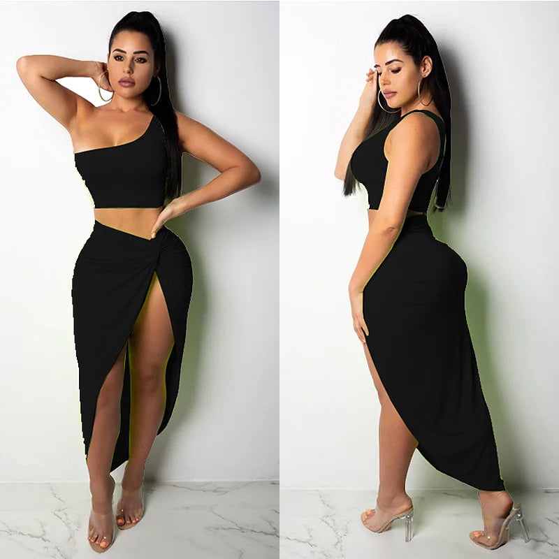 Women Irregular Skew Collar Crop Top Long Skirt 2 Piece Set for Women Female Skirts Women's Suits Evening Party Outfit