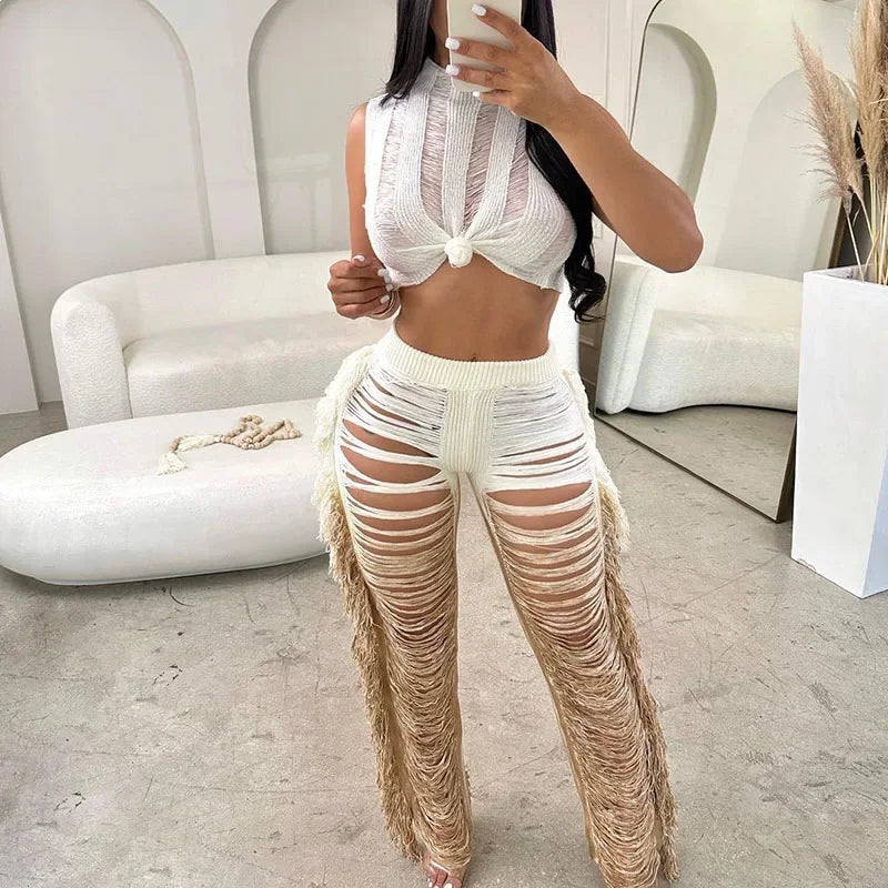 Crochet Two Piece Set Crop Top and Wide Leg Pants Tassel Hollow Out Hole