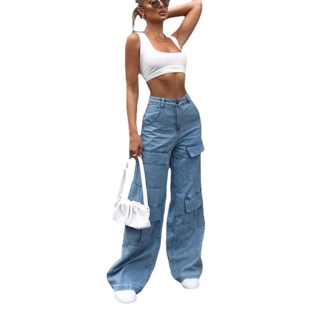 Genzi Light Blue High Waisted Wide Leg Cargo Pants