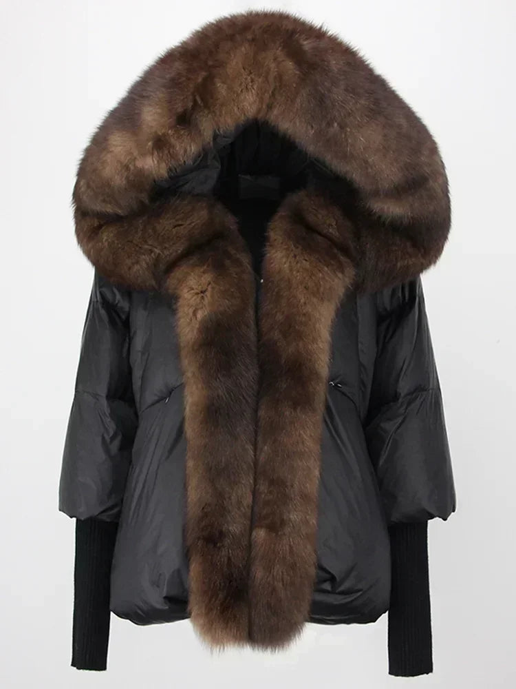 Genzi Real Fox Fur Collar Hooded Oversize Coat