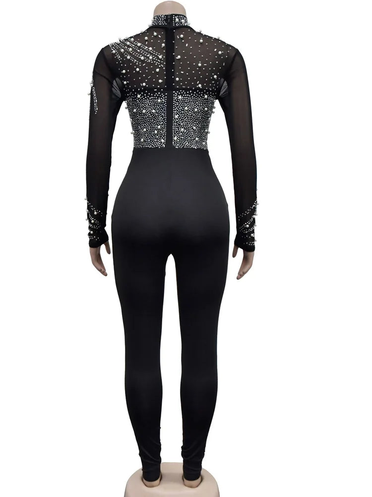 Women's Sheer Mesh Crystal Jumpsuits One Piece Outfits Glam Fitted Long Sleeve Pearls Rhinestone Rompers Club Overalls