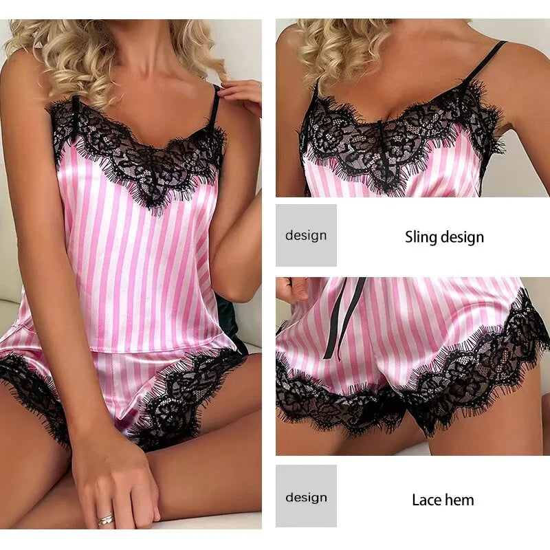 Genzi Pink Stripe Contrast Lace Trim Satin Cami Short PJ Set