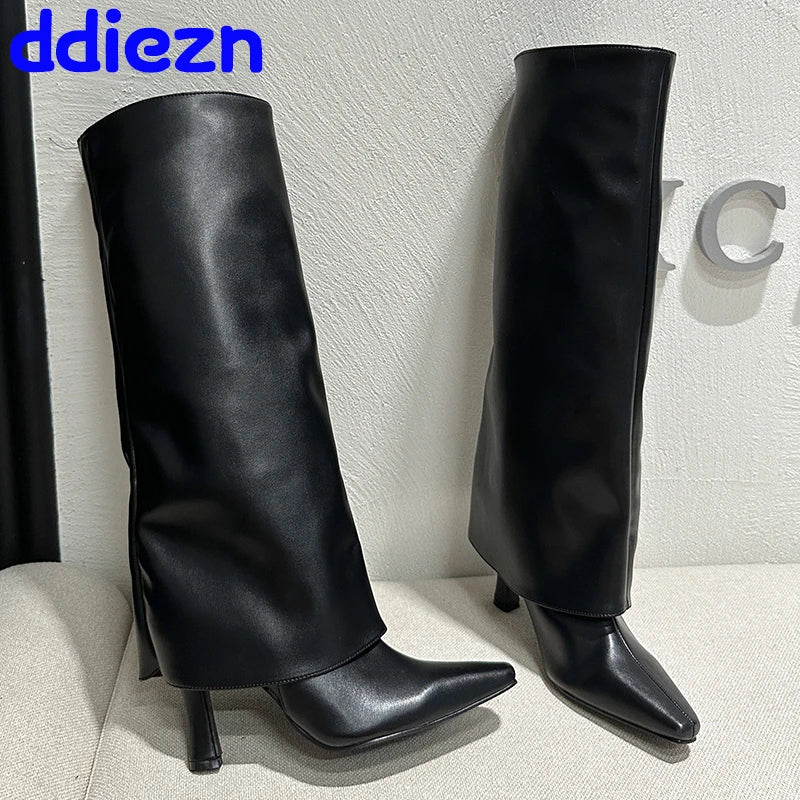 Genzi Faux Fur Leather Fold Over Knee High Shark Boots