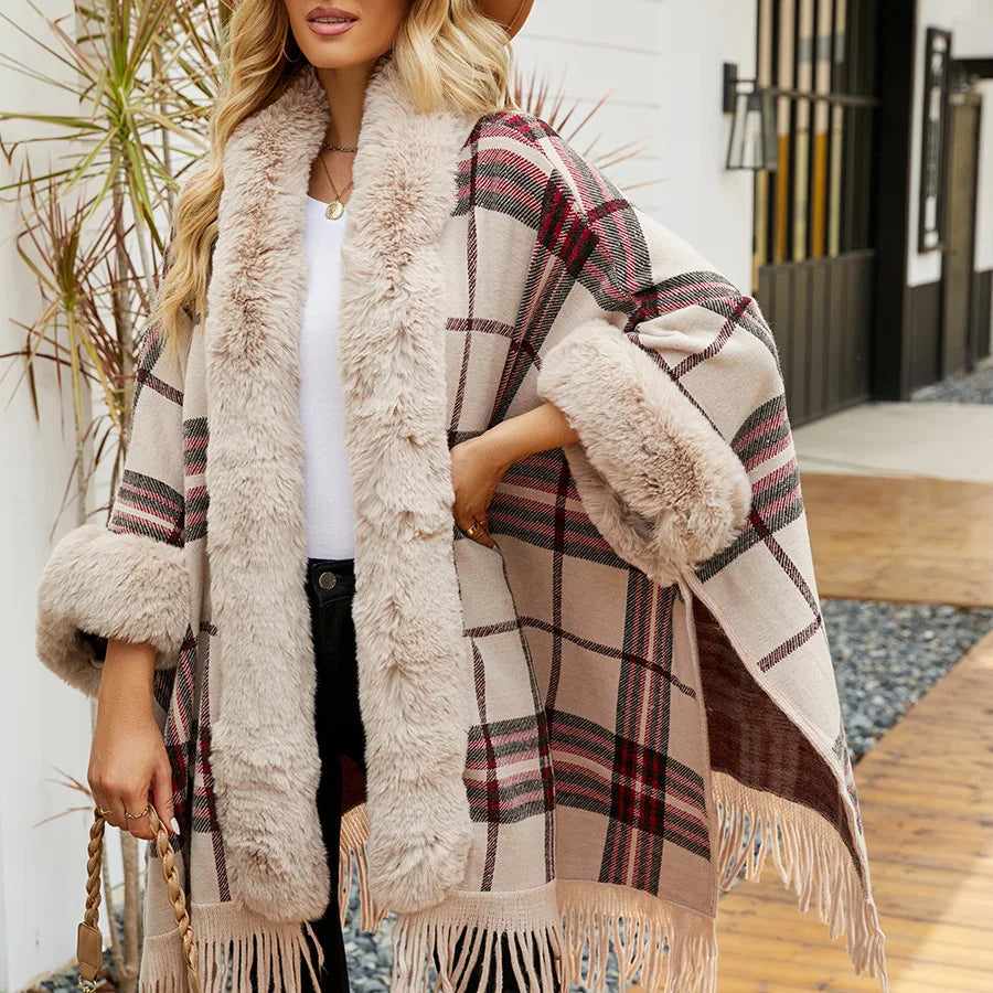 Genzi Hooded Faux Fur Poncho Cape