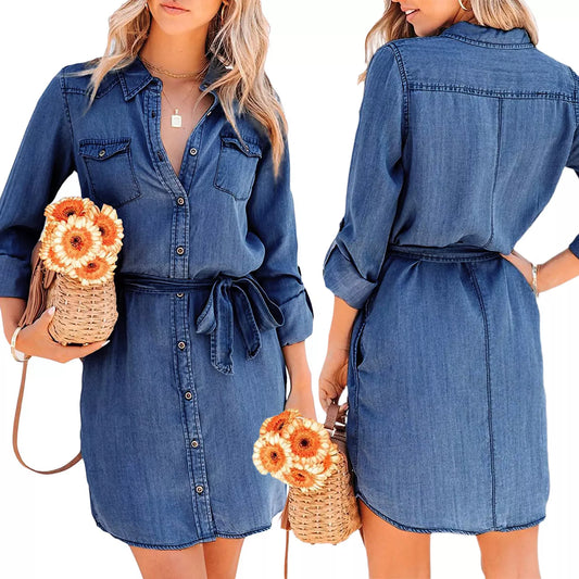 Genzi Denim Belted Long Sleeve Shirt Dress