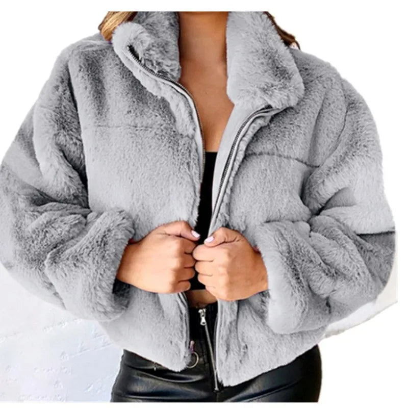 Genzi Faux Fur Teddy Short Zipper Oversized Jacket