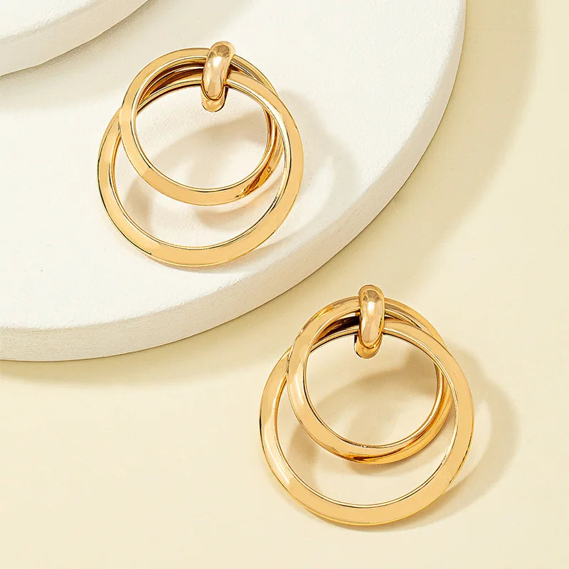 Geometry  Round Drop Double Layer Golden Plating Dangle Earrings