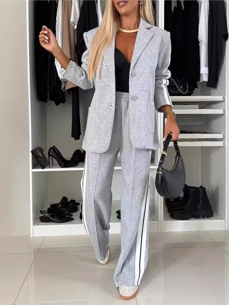 Genzi Striped Collar Blazer & straight Leg Pants Set