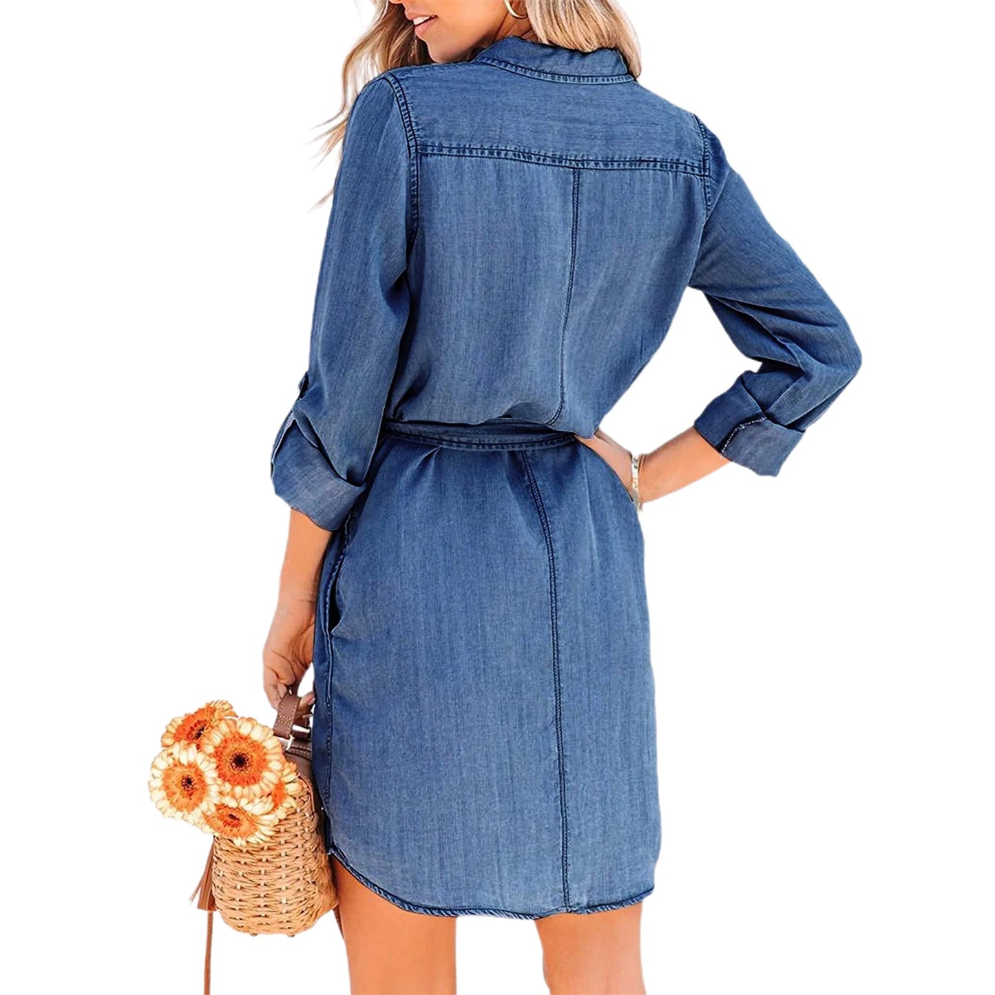 Genzi Denim Belted Long Sleeve Shirt Dress