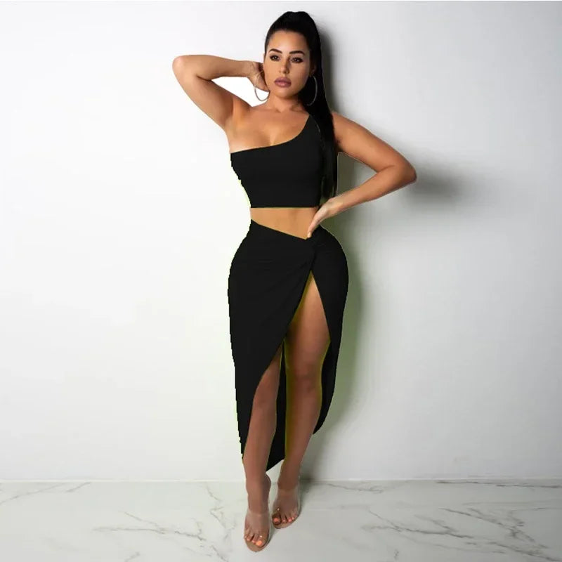 Women Irregular Skew Collar Crop Top Long Skirt 2 Piece Set for Women Female Skirts Women's Suits Evening Party Outfit