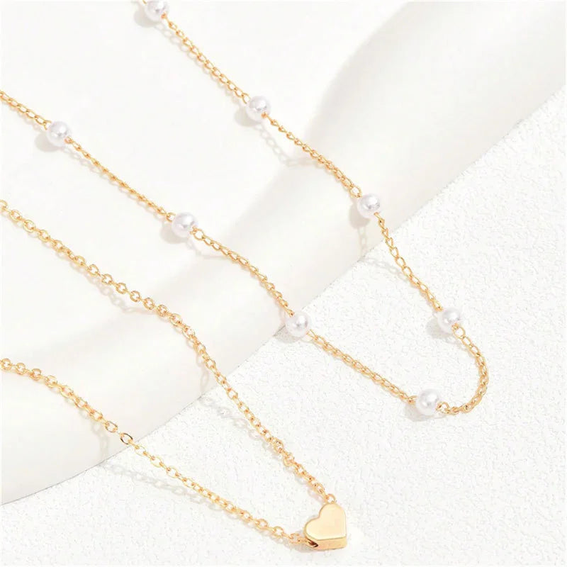 Genzi Double Layer Heart Pendant Pearl Choker Necklaces