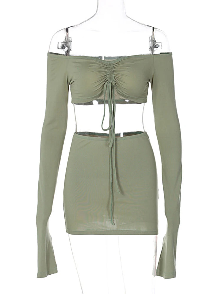 Genzi Long Sleeve Drawstring Ruched Crop Top & Mini Skirt