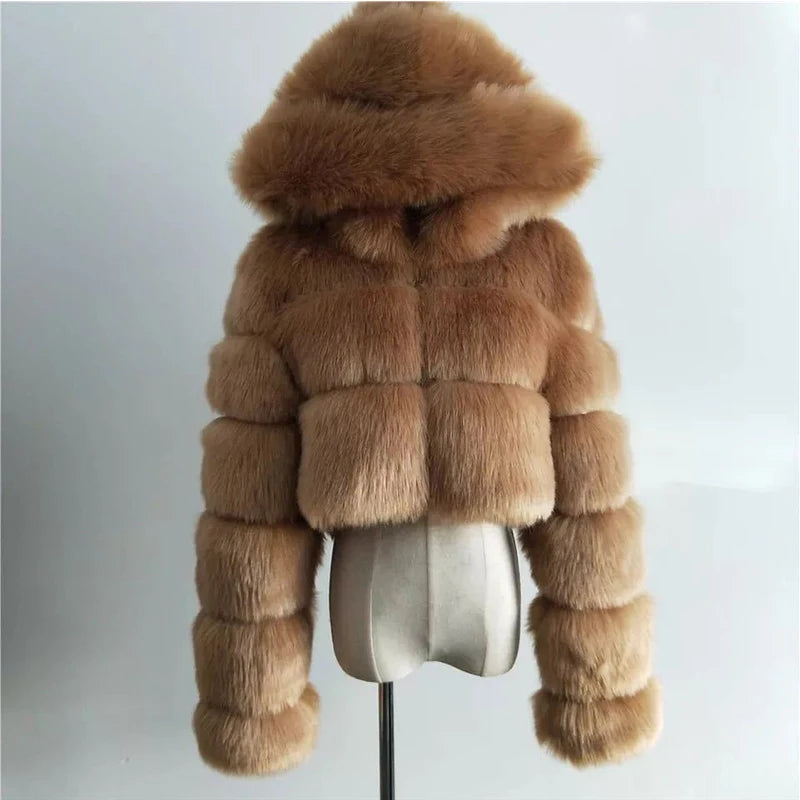 Genzi Furry Cropped Faux Fur Coat With Hood