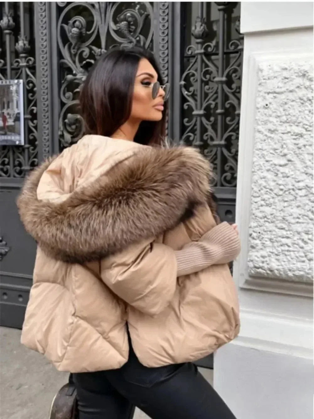 Genzi Real Fox Fur Collar Hooded Oversize Coat