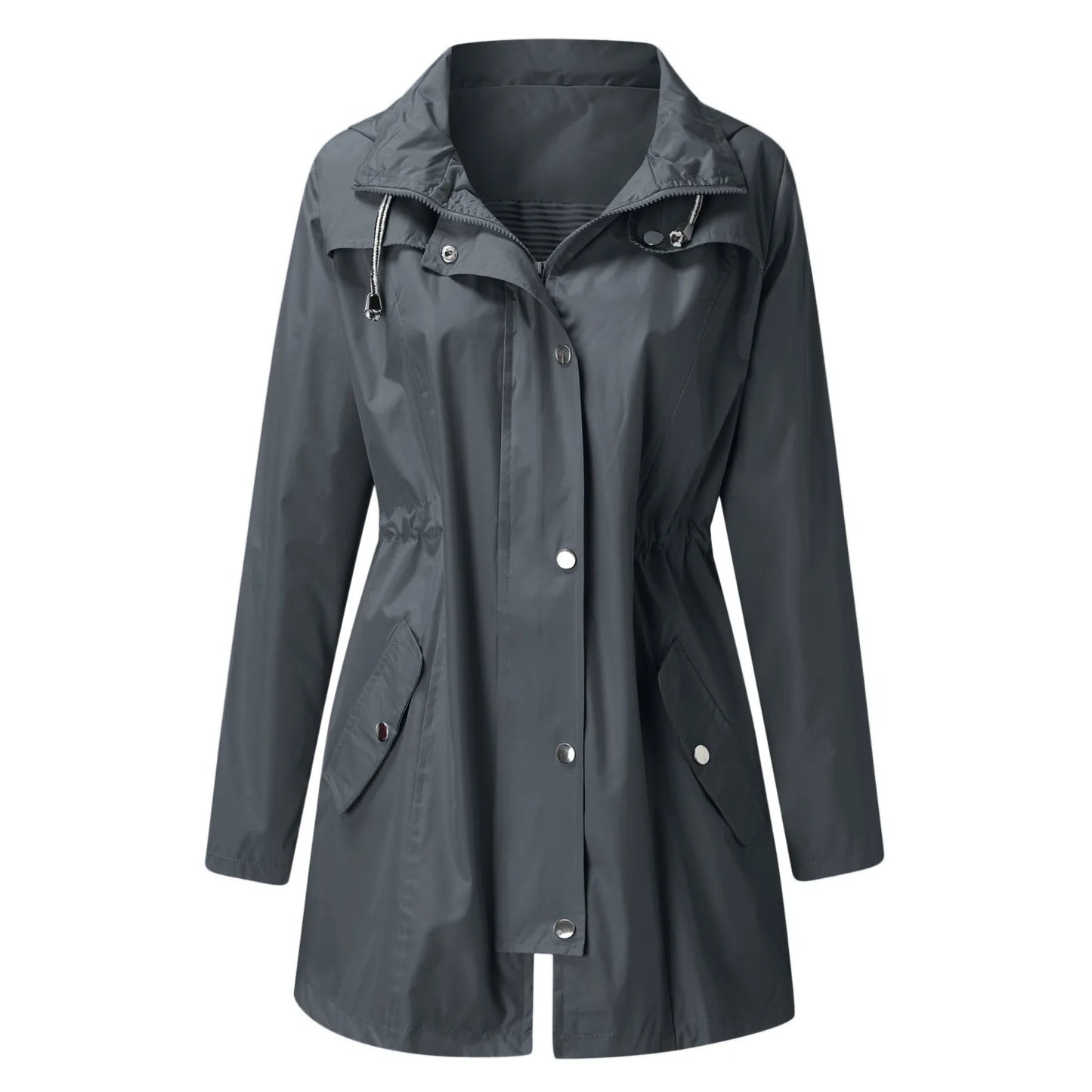 Hooded Zip Up Drawstring Trench Coat