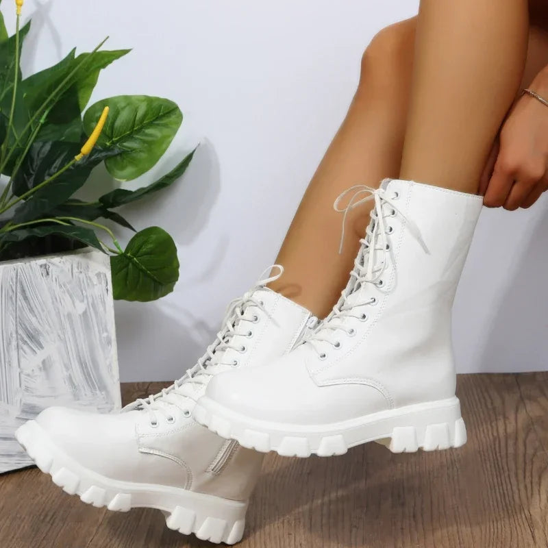 PU Leather Mid Calf chunky Heel Lace Up  Ankle Boots