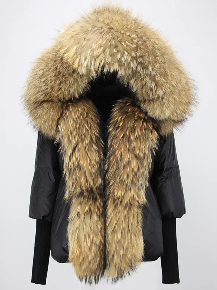 Genzi Real Fox Fur Collar Hooded Oversize Coat