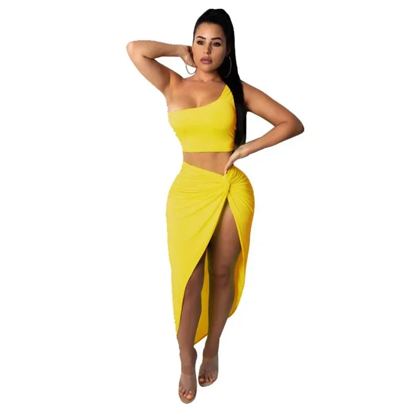 Women Irregular Skew Collar Crop Top Long Skirt 2 Piece Set for Women Female Skirts Women's Suits Evening Party Outfit