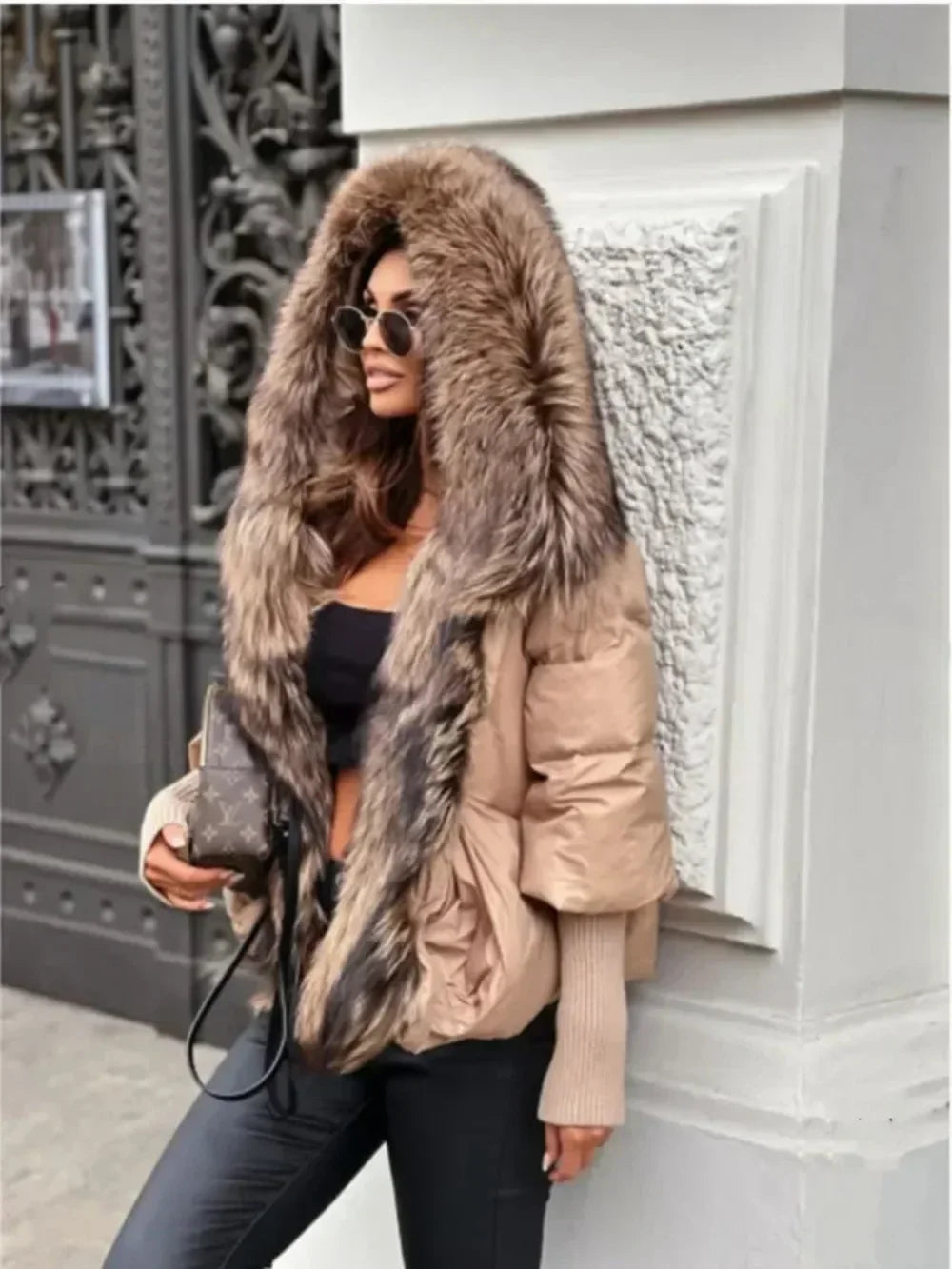 Genzi Real Fox Fur Collar Hooded Oversize Coat