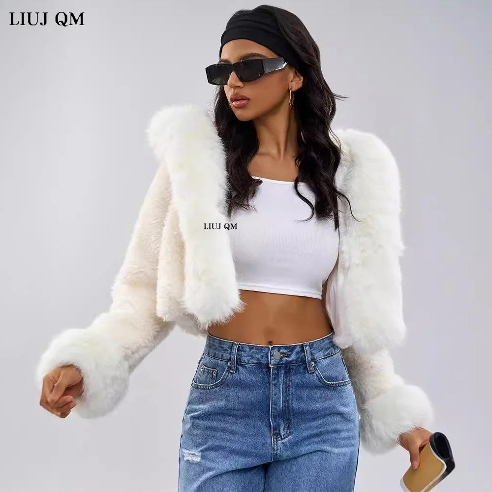 Genzi White Borg Faux Fur Hooded Crop Coat