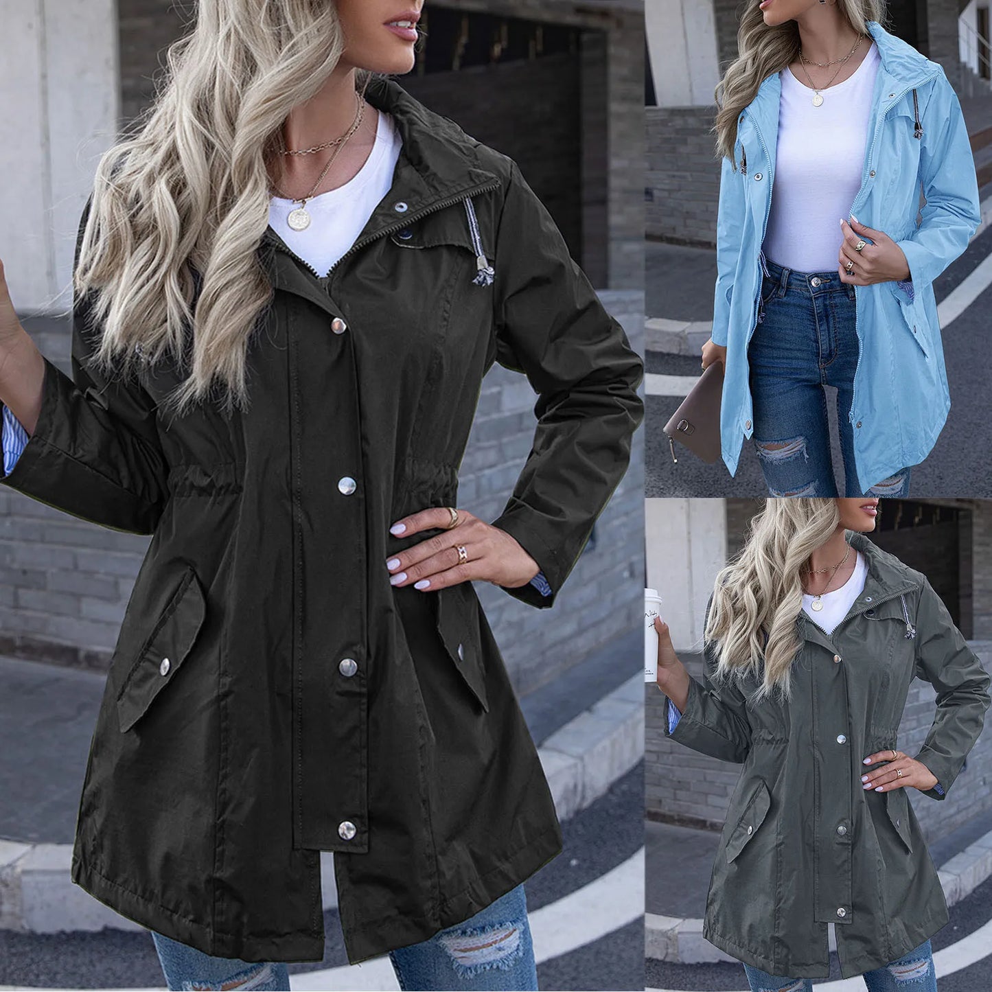 Hooded Zip Up Drawstring Trench Coat