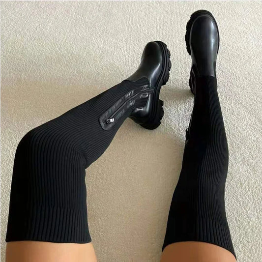 Genzi Thick Sole Knitted Sock Thigh High Boots