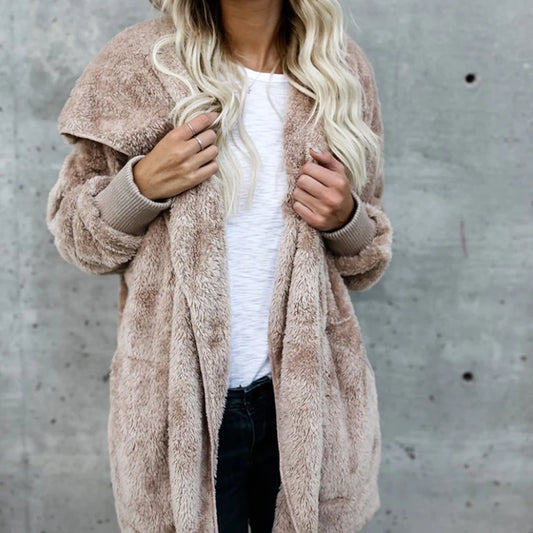 Genzi Faux Fur Oversize Teddy Cardigan Hood Coat