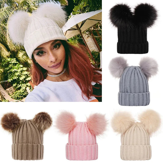 Genzi Faux Fur Pom Pom Knitted Beanies