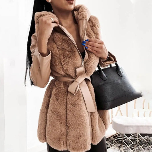 Genzi Faux Fur Zip Up PU Coat