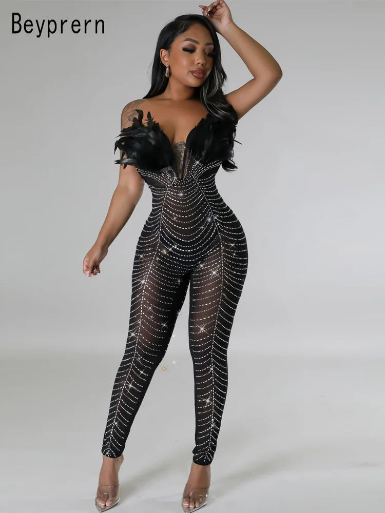 Genzi Black Off-Shoulder Mesh Feathers Jumpsuits