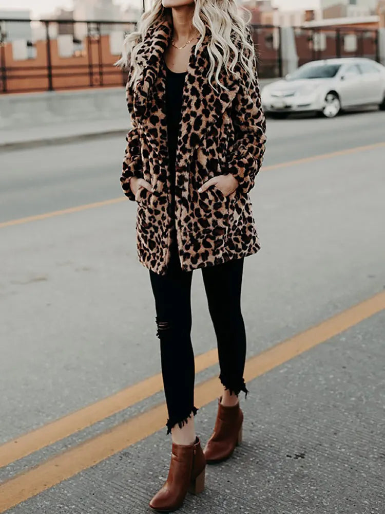 Women's Leopard Faux Fur Coat – Long warm winter jacket