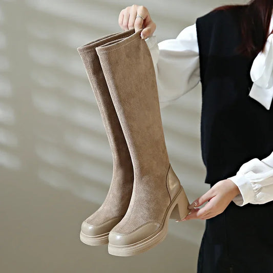 Genzi Faux Leather Block Heel Knee High Long Boot