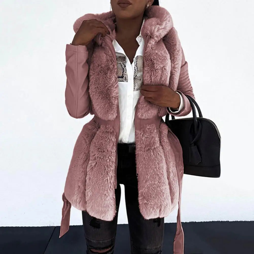 Genzi Faux Fur Zip Up PU Coat