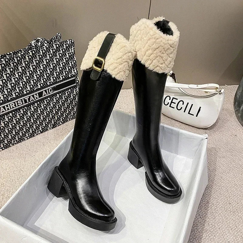 Genzi Faux Fur Buckle Knee High Long Boots