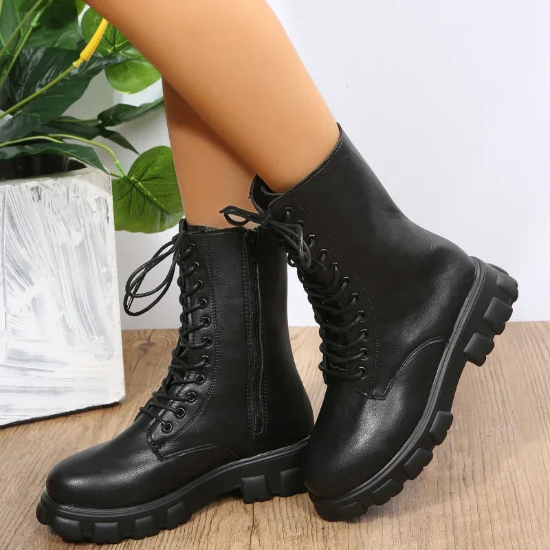 PU Leather Mid Calf chunky Heel Lace Up  Ankle Boots