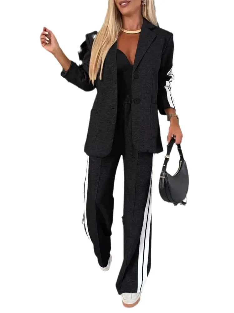 Genzi Striped Collar Blazer & straight Leg Pants Set