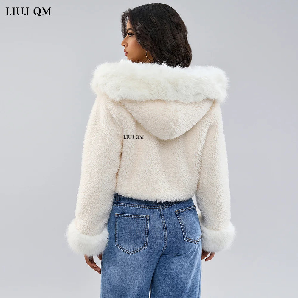 Genzi White Borg Faux Fur Hooded Crop Coat