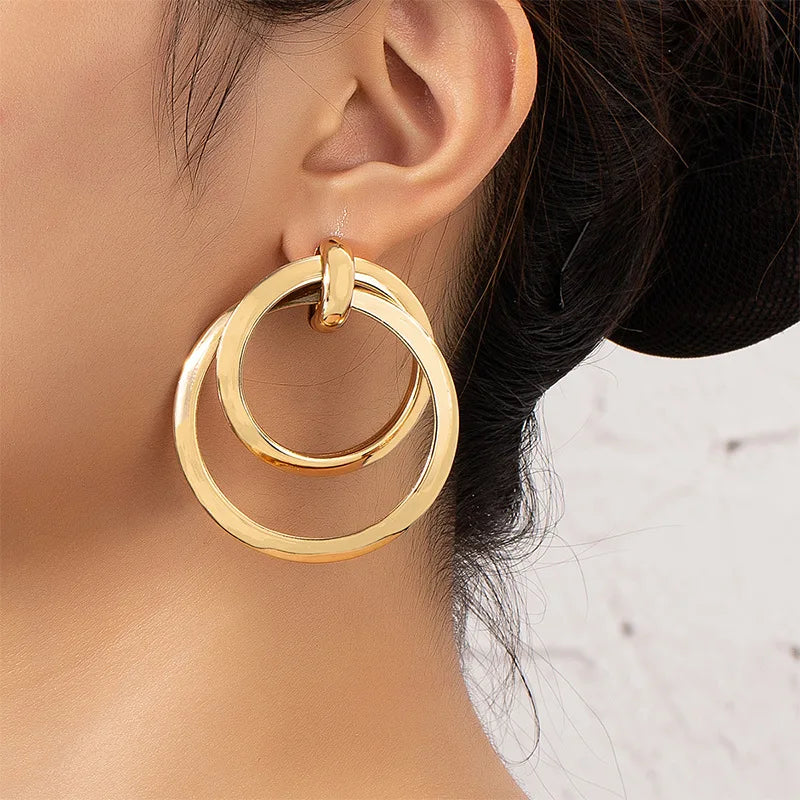 Geometry  Round Drop Double Layer Golden Plating Dangle Earrings