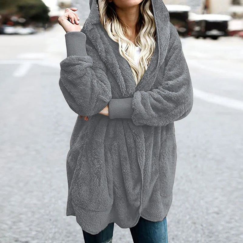 Genzi Faux Fur Oversize Teddy Cardigan Hood Coat