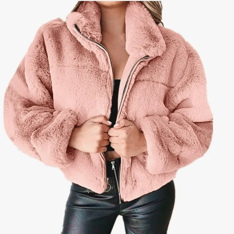 Genzi Faux Fur Teddy Short Zipper Oversized Jacket