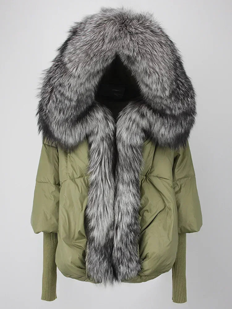 Genzi Real Fox Fur Collar Hooded Oversize Coat