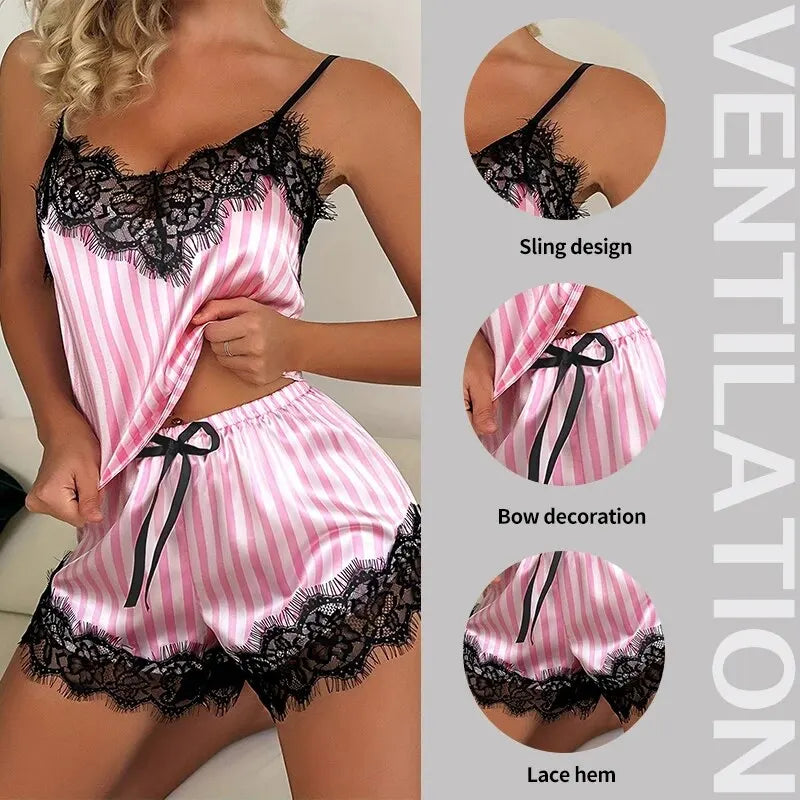 Genzi Pink Stripe Contrast Lace Trim Satin Cami Short PJ Set