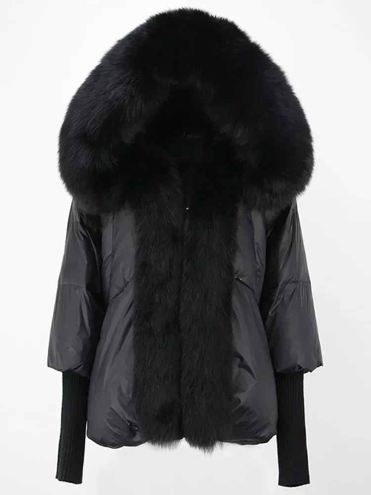 Genzi Real Fox Fur Collar Hooded Oversize Coat