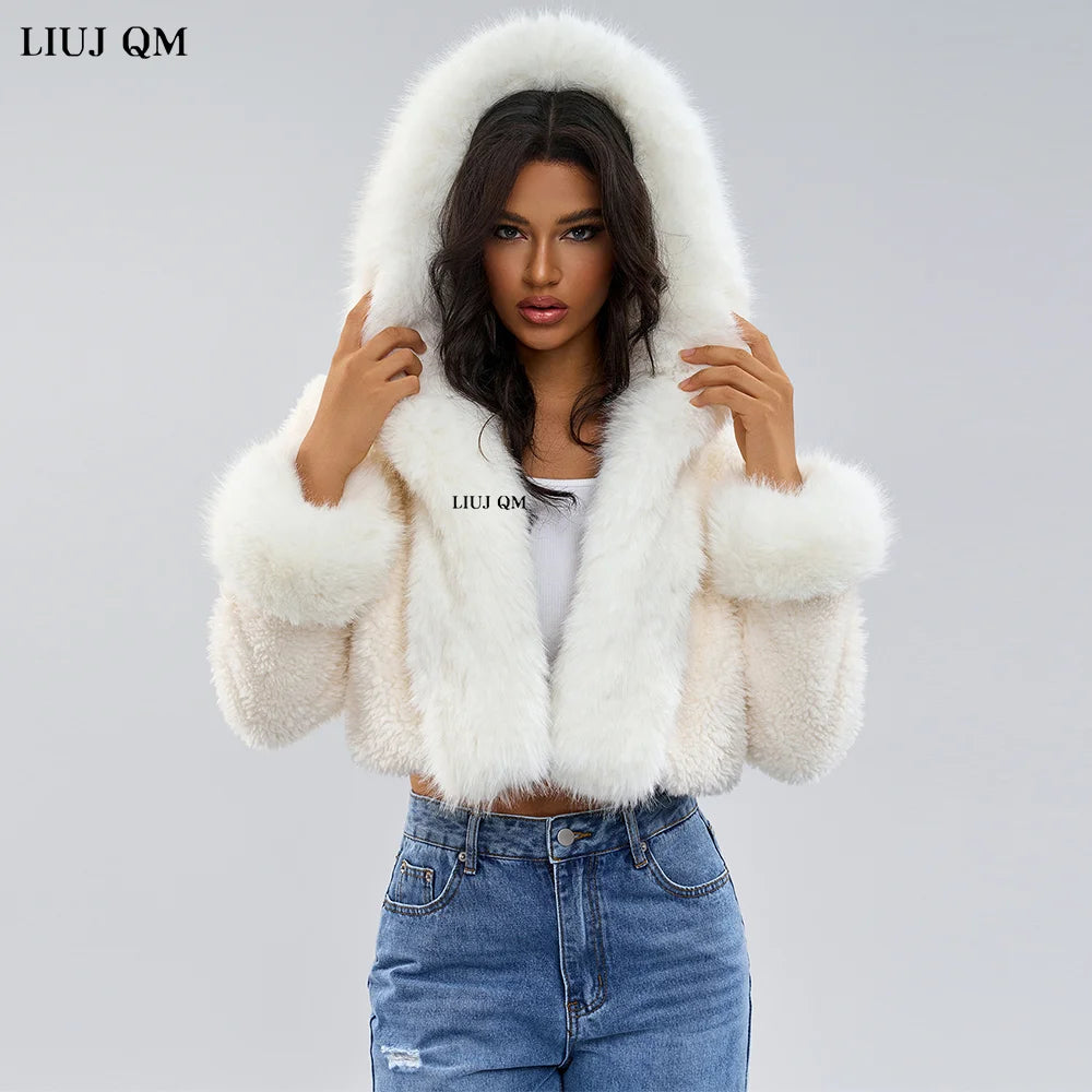 Genzi White Borg Faux Fur Hooded Crop Coat