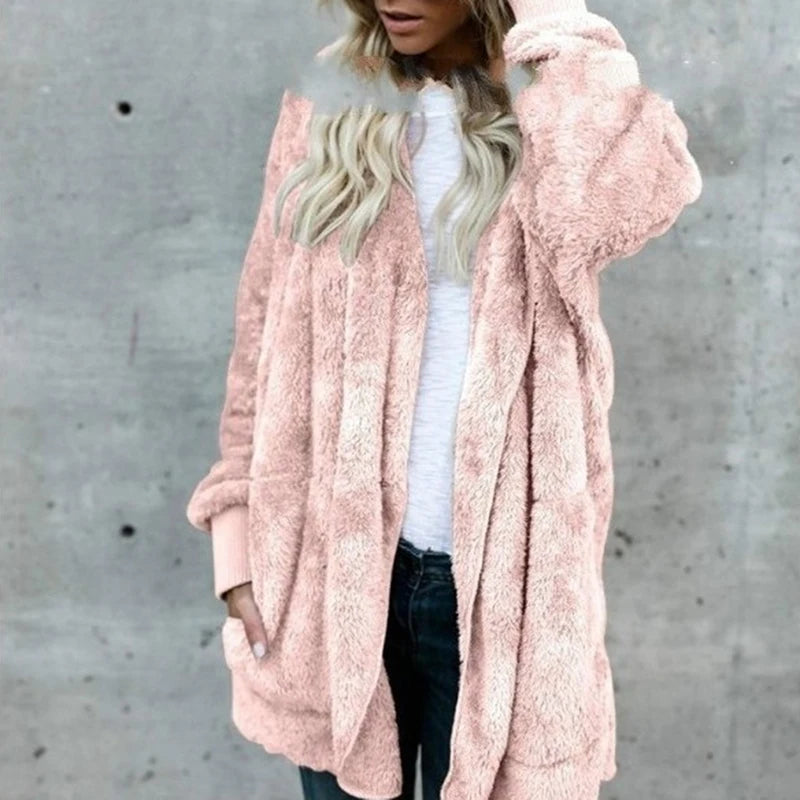 Genzi Faux Fur Oversize Teddy Cardigan Hood Coat