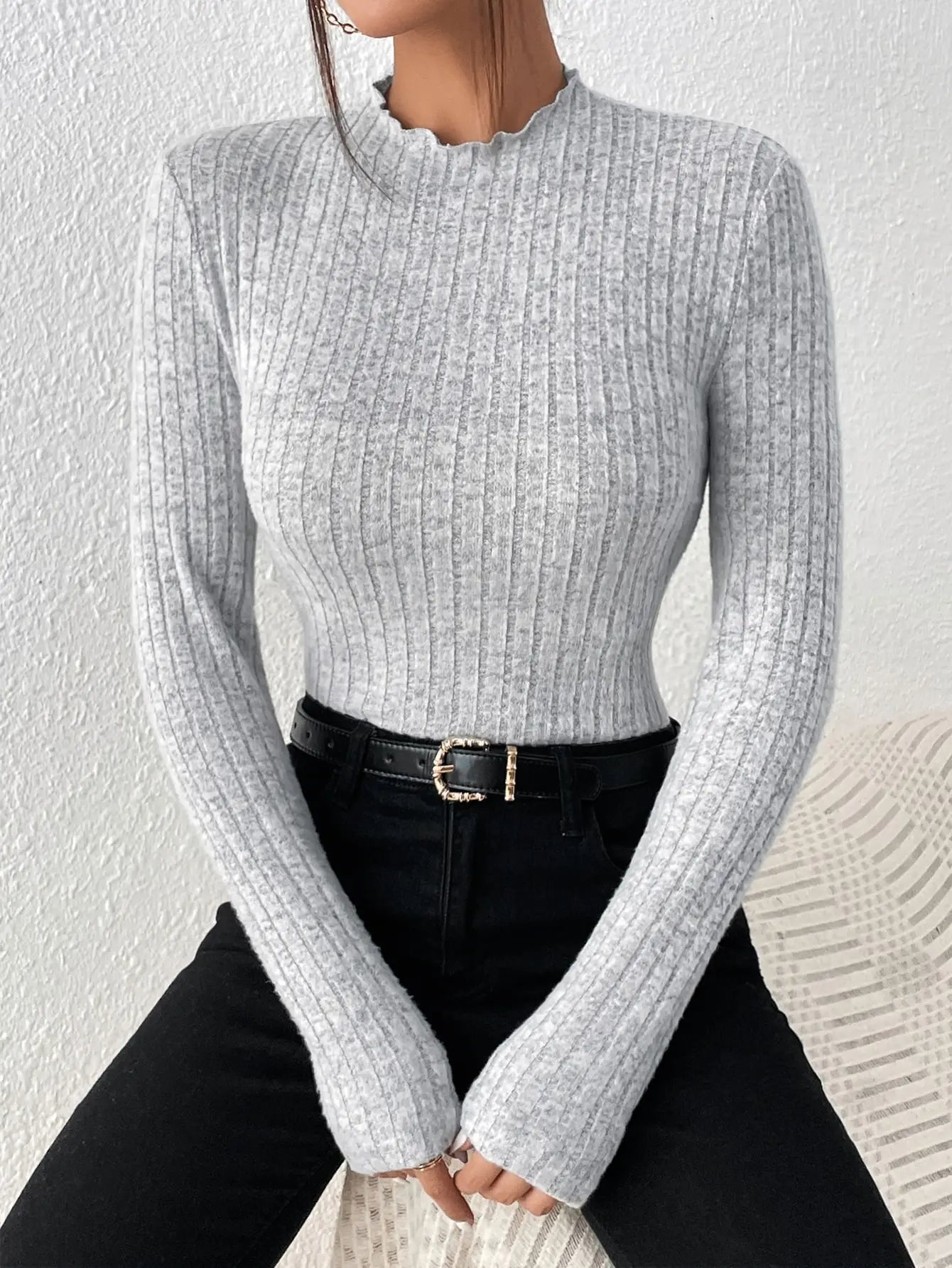 Genzi Slim Ruffle Neck Knit Long Sleeve Top