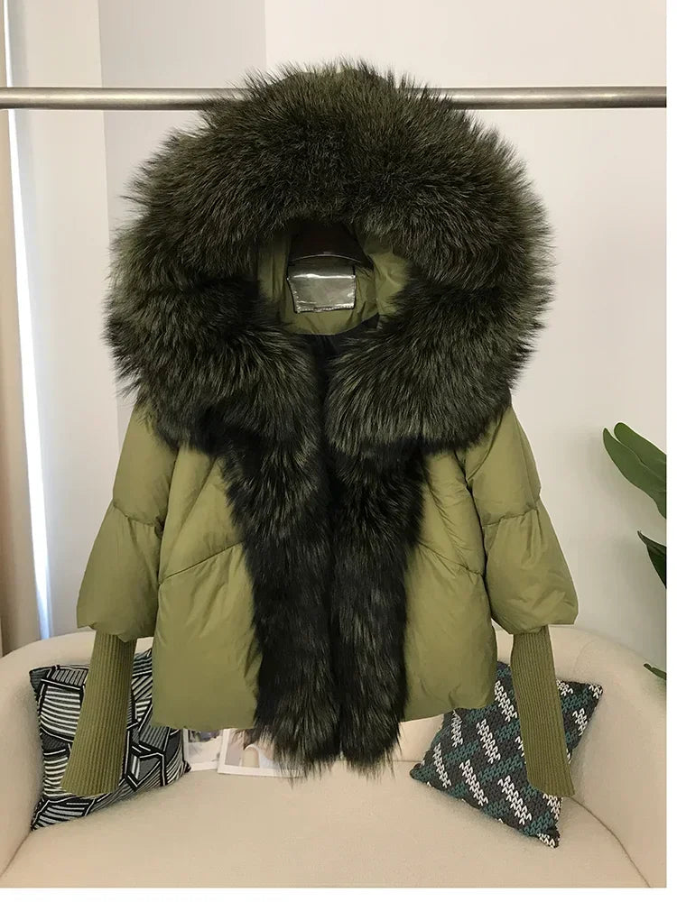 Genzi Real Fox Fur Collar Hooded Oversize Coat